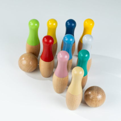 Wooden Bowling Game Set | 10 Pins & 2 Balls | Indoor bowling set for kid | Wooden skittles game